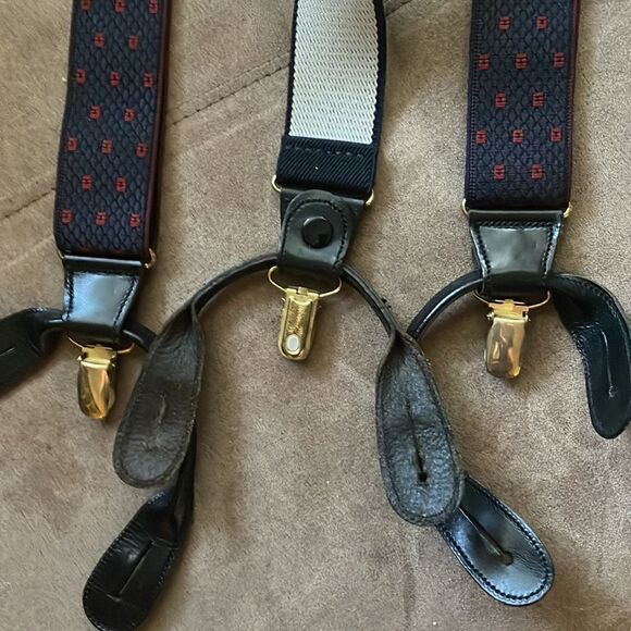 Vintage Austin Reed Navy / Red / Leather trim Suspenders / made in England - Picture 6 of 7